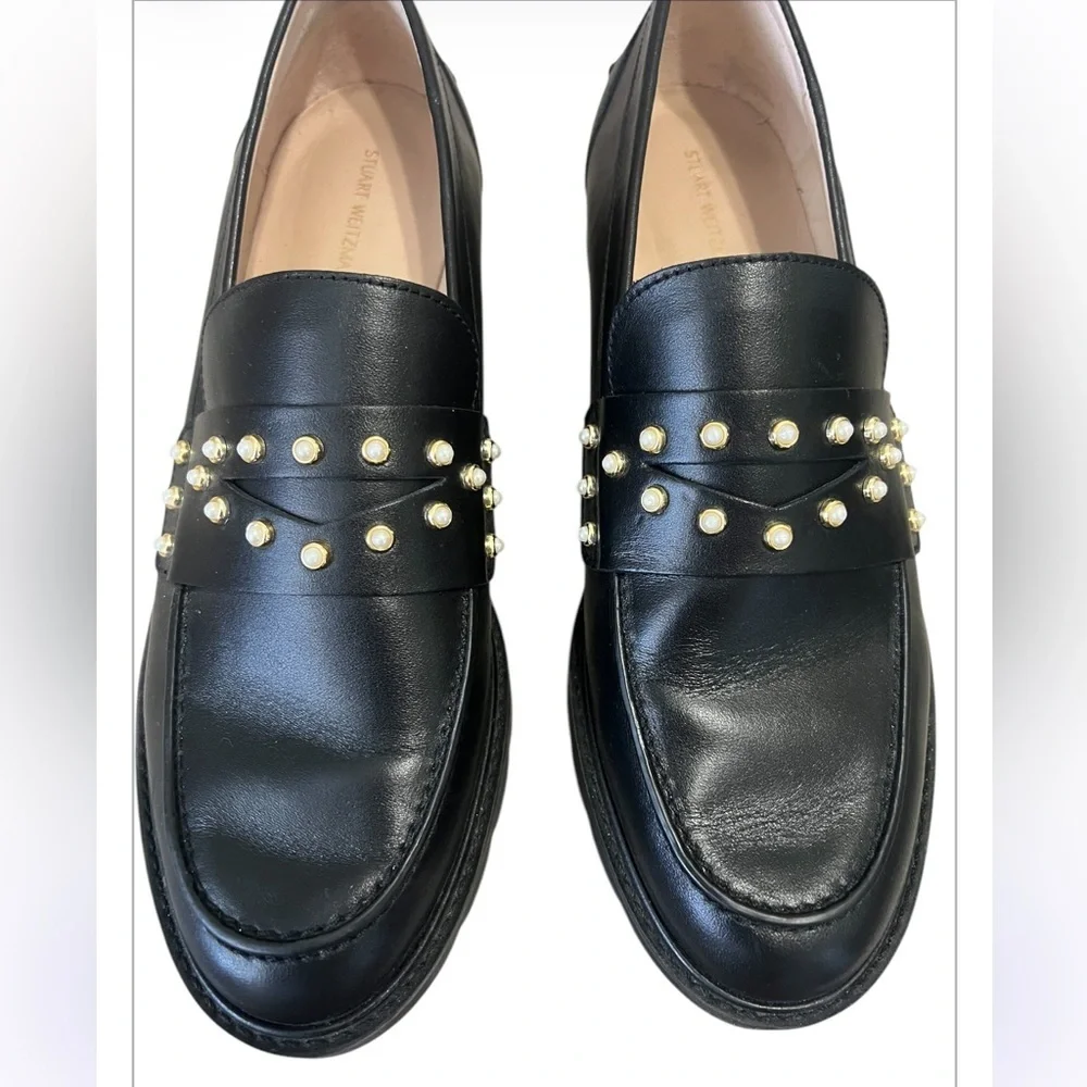 Stuart Weitzman Allpearls Black Leather Studded Lug Loafer | Classic Slip On
